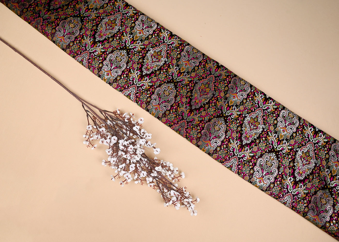 Wine Banarasi Brocade Fabric With All Over Zari And Thread Handloom 20644