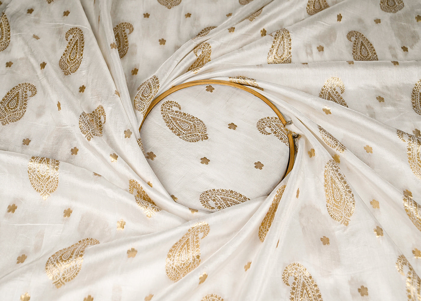 White Silk Fabric With All Over Golden Zari Handloom 20649