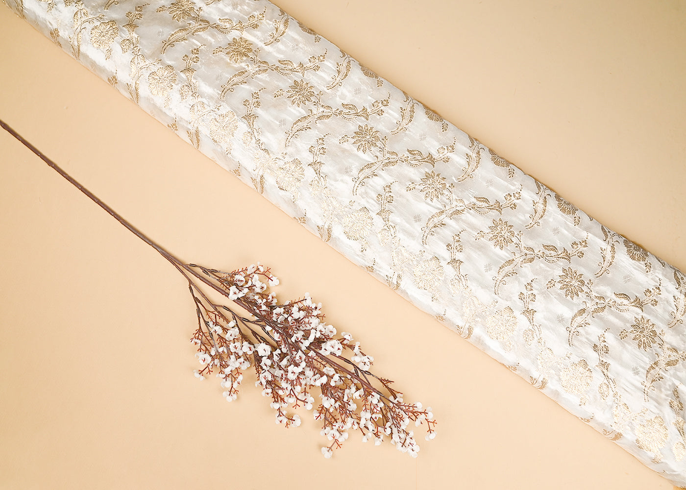 White Banarasi Brocade Fabric With All Over Zari Handloom 20666