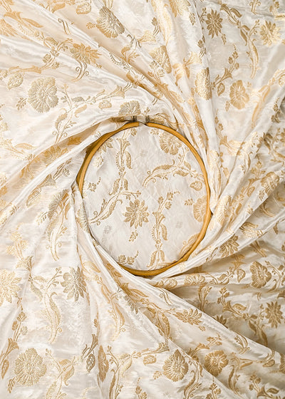 White Banarasi Brocade Fabric With All Over Zari Handloom 20666