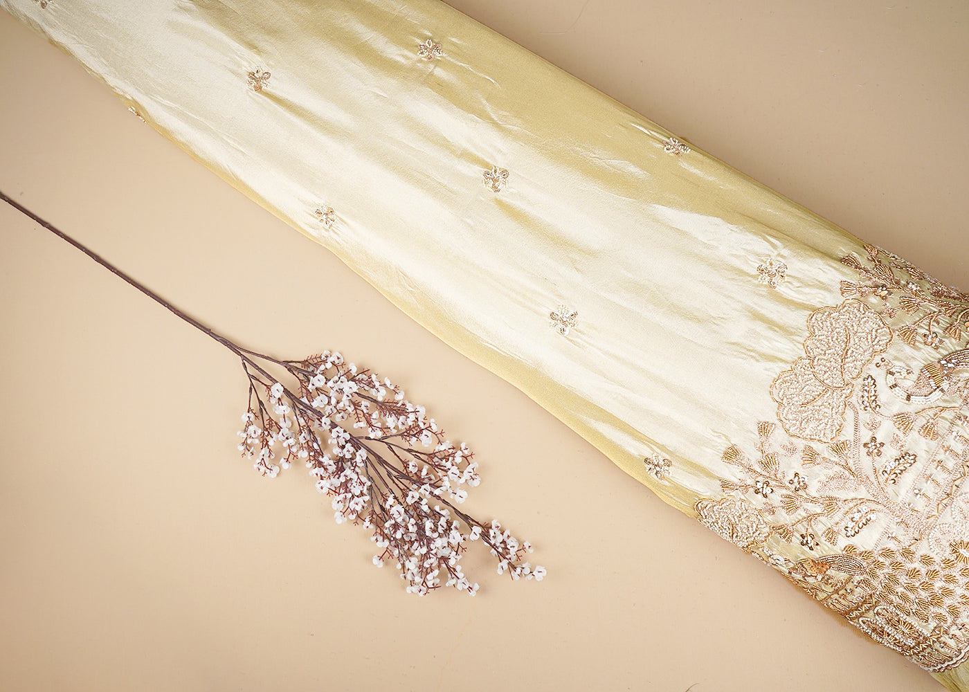 Golden Tissue Fabric With All Over Katdana, Bead An Sequins Work With One Side Border 20669