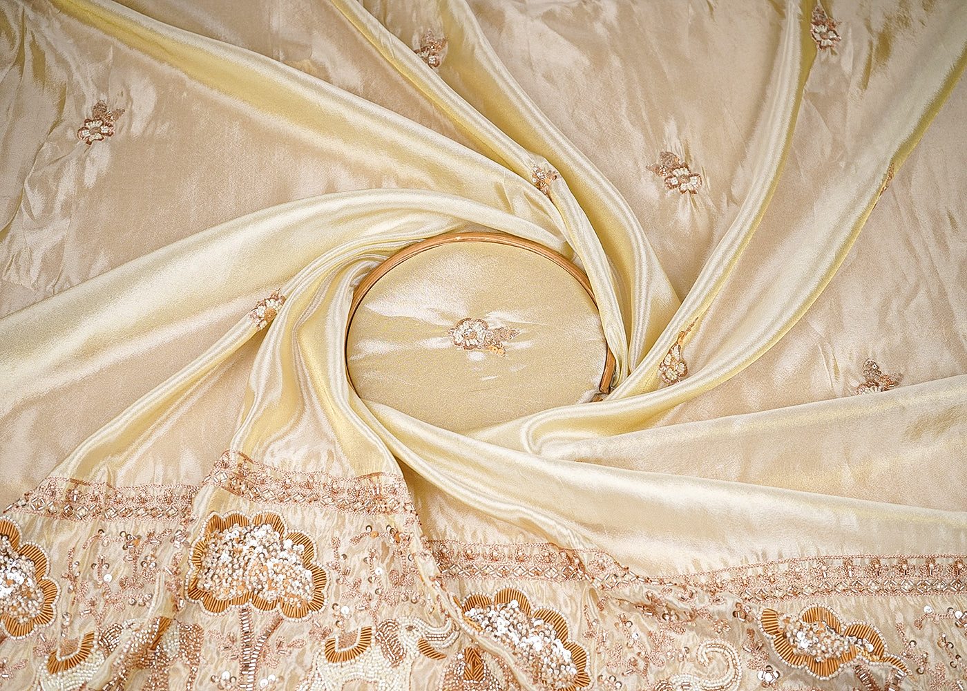 Golden Tissue Fabric With All Over Katdana, Bead An Sequins Work With One Side Border 20670