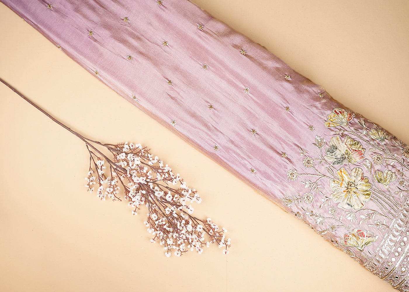 Lavender Tissue Fabric With All Over Buti Of Bead, Sequins And Katdana With One Side Patch Work Border 20672