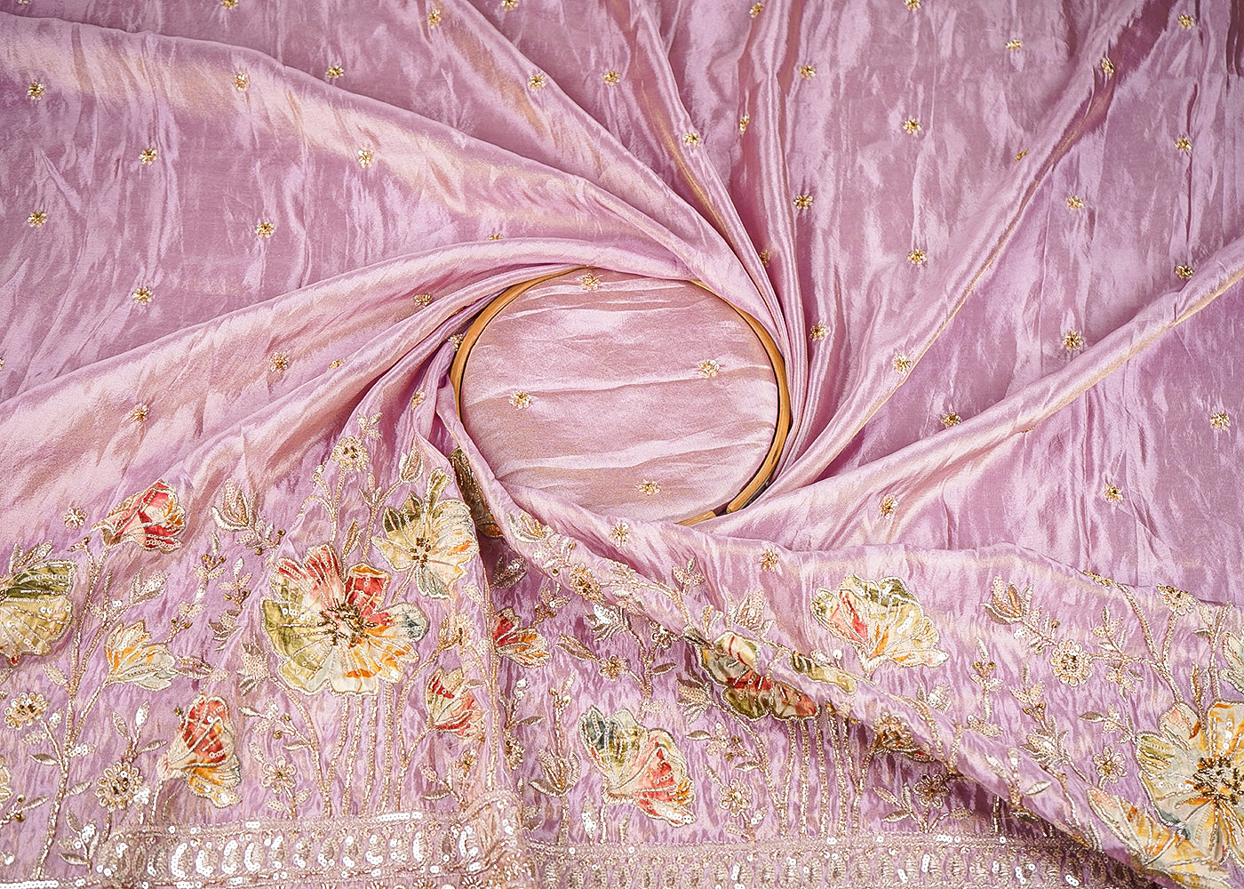 Lavender Tissue Fabric With All Over Buti Of Bead, Sequins And Katdana With One Side Patch Work Border 20672