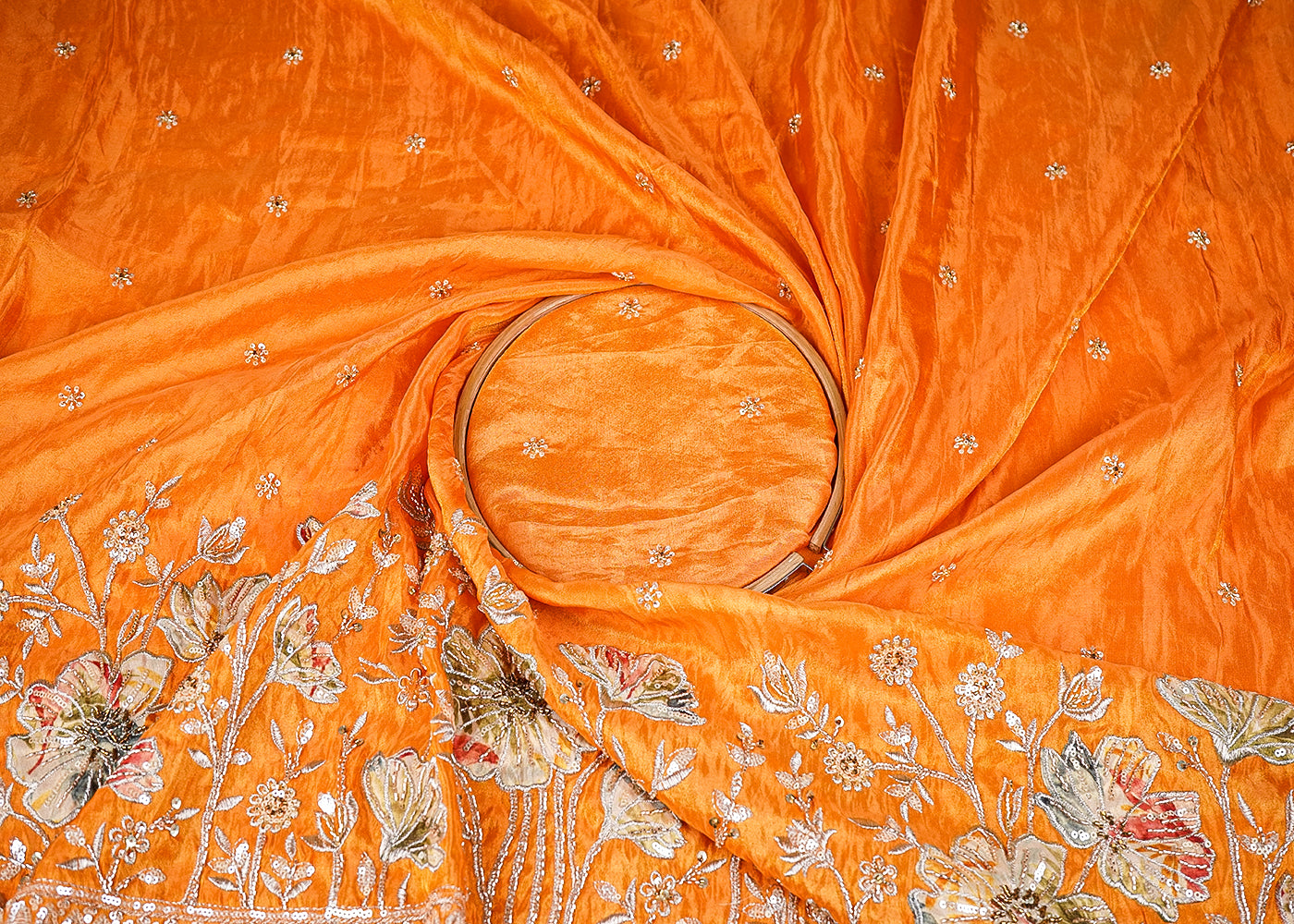 Orange Tissue Fabric With All Over Buti Of Bead, Sequins And Katdana With One Side Patch Work Border 20673