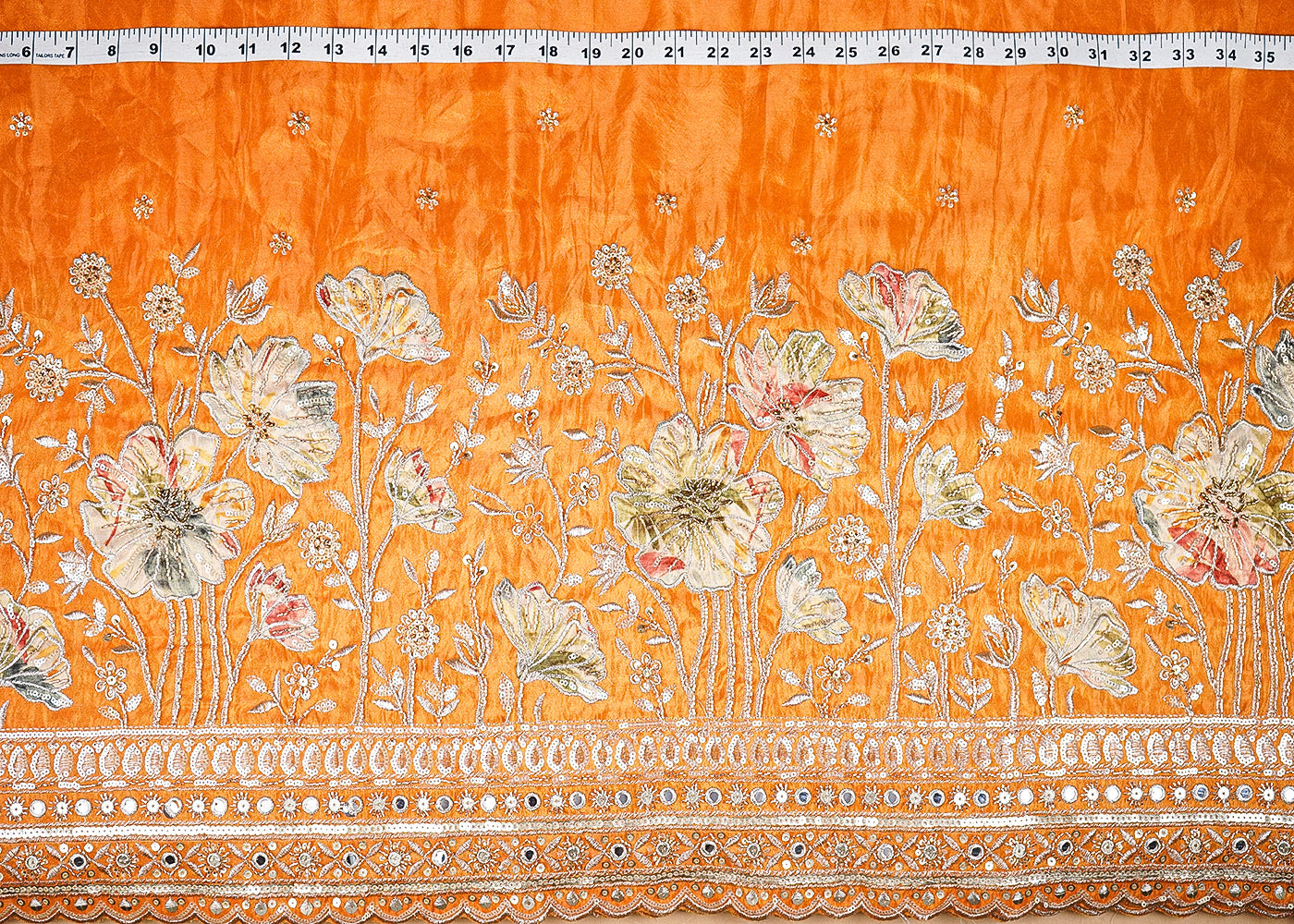 Orange Tissue Fabric With All Over Buti Of Bead, Sequins And Katdana With One Side Patch Work Border 20673