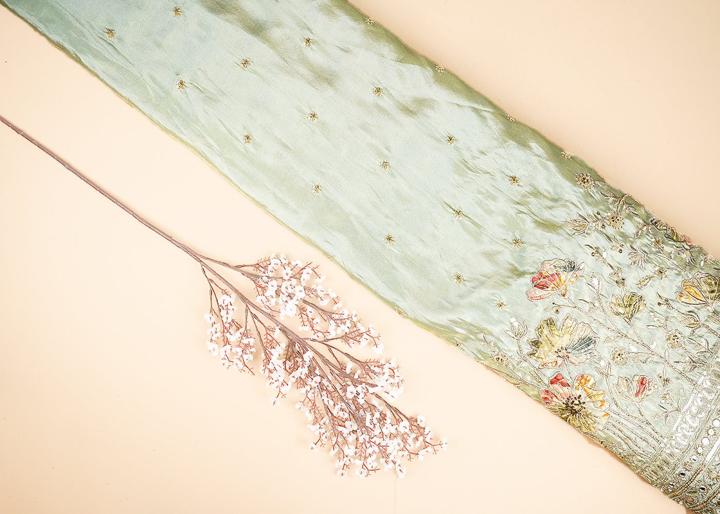 Pista Green Tissue Fabric With All Over Buti Of Bead, Sequins And Katdana With One Side Patch Work Border 20674