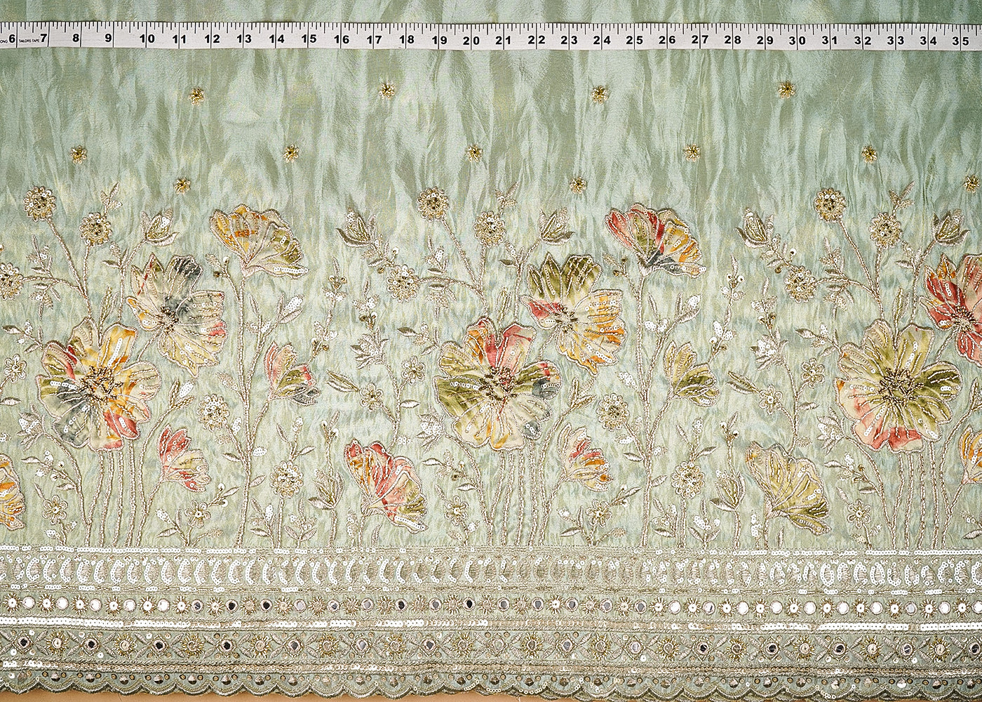 Pista Green Tissue Fabric With All Over Buti Of Bead, Sequins And Katdana With One Side Patch Work Border 20674