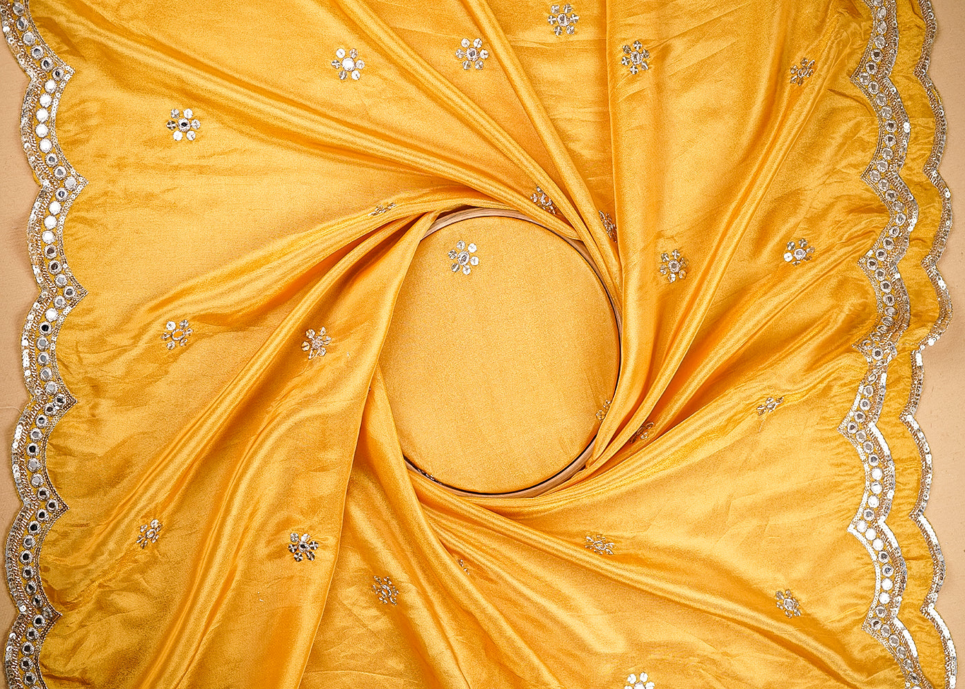 Yellow Tissue Dupatta Fabric With All Over Faux Mirror, Sequins And Zari With Two Side Border 20676