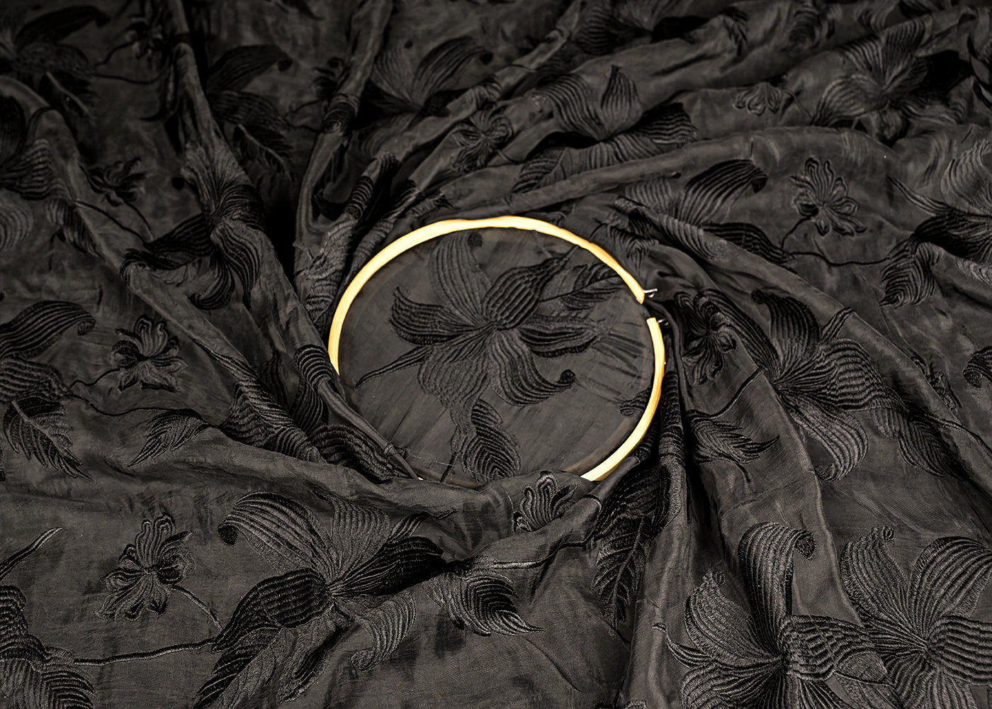 Black Organza Fabric With All Over Thread Work  20682