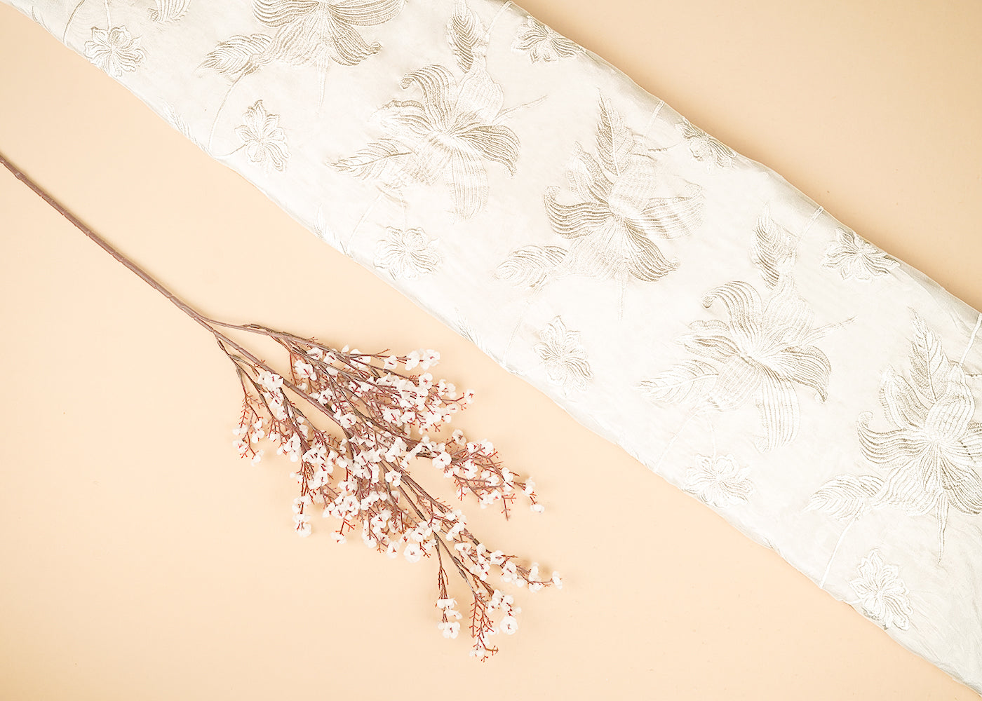 White Organza Fabric With All Over Thread Work  20683