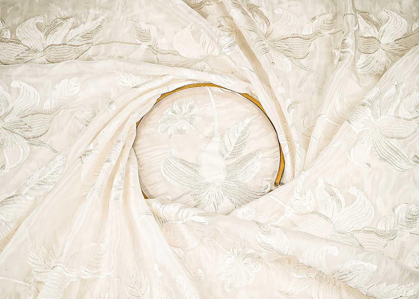 White Organza Fabric With All Over Thread Work  20683