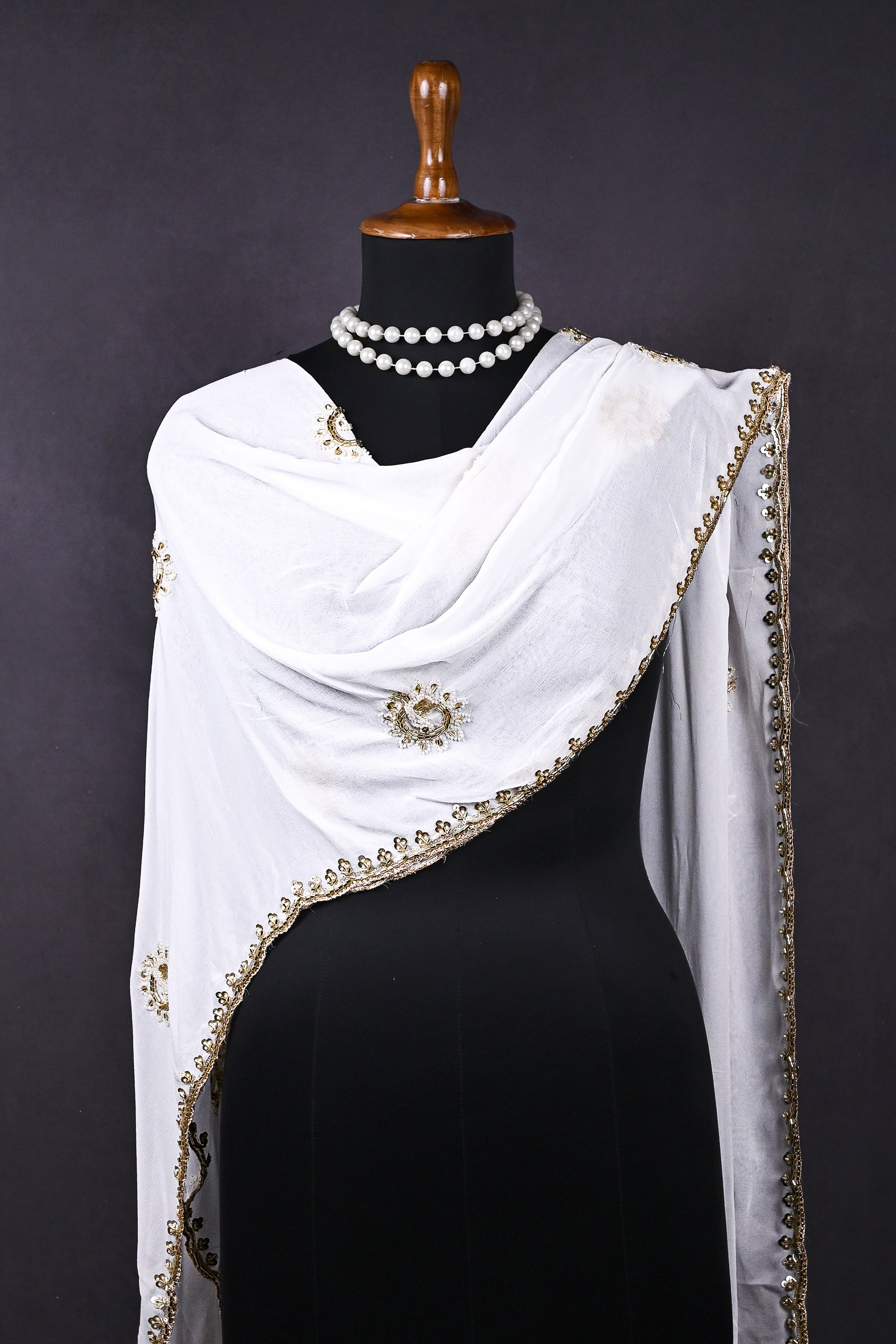 White Dyeable Georgette Dupatta All Over Sequins, Katdana And Bead Work 20704