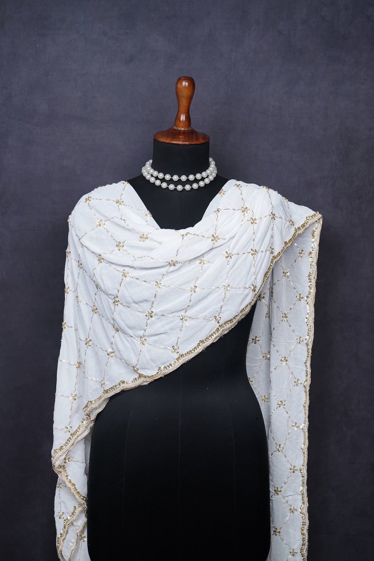 White Dyeable Georgette Dupatta All Over Sequins And Katdana Work 20707