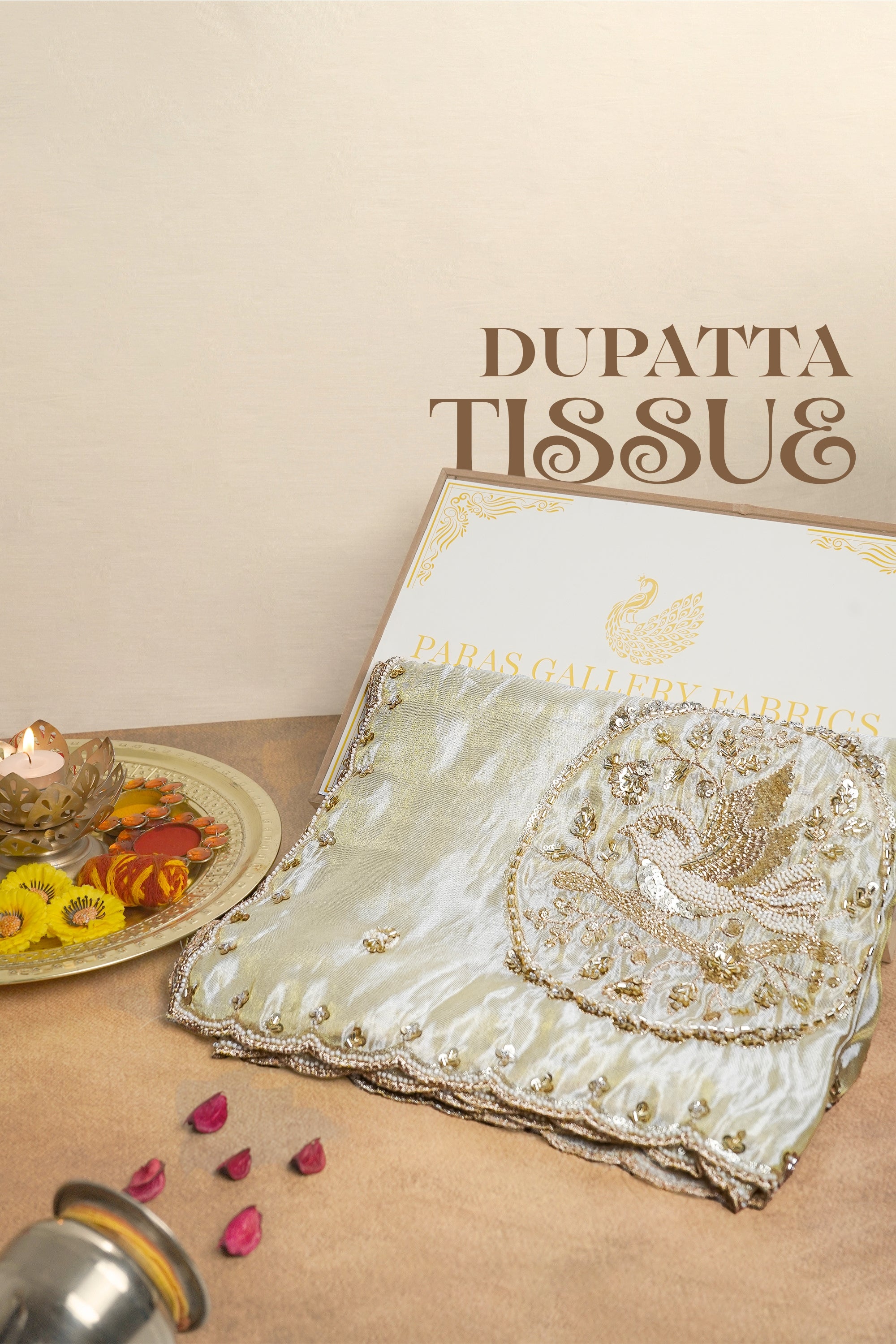 Golden Dyeable Tissue Dupatta All Over Zari, Sequins, Katdana And Bead Work 20709