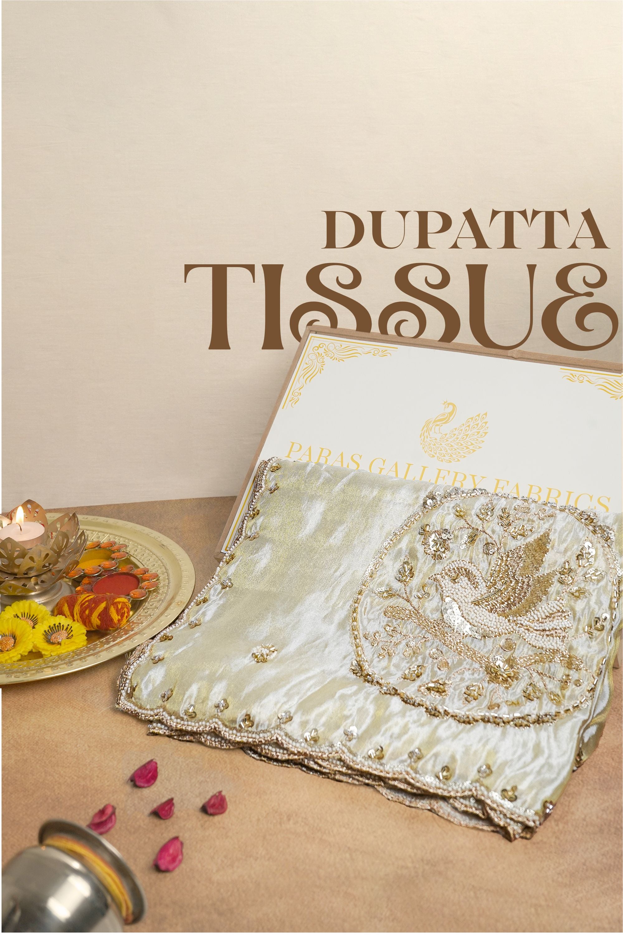 Golden Dyeable Tissue Dupatta All Over Zari, Sequins, Katdana And Bead Work 20709
