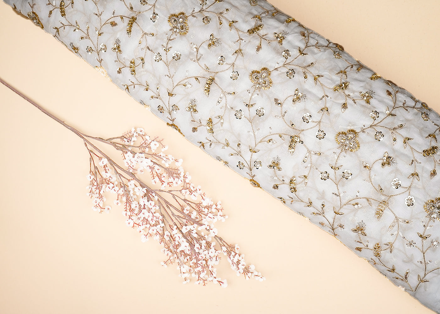 White Georgette Fabric With All Over Buti Of Sequins, Katdana And Bead 20714