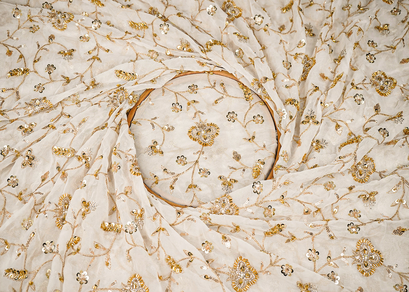 White Dyeable Georgette Fabric With All Over Buti Of Sequins, Katdana And Bead 20714