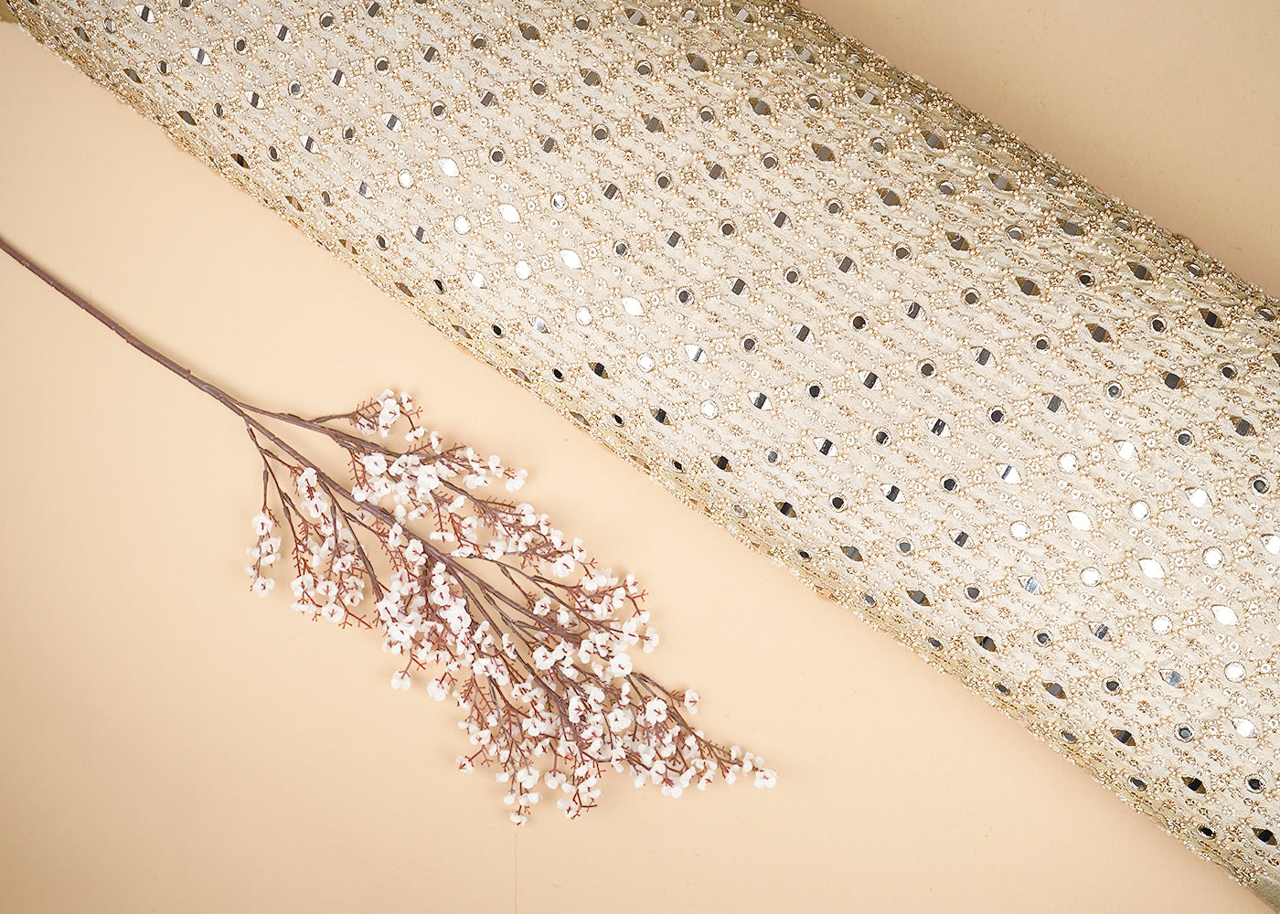 Golden Tissue Fabric With All Over Faux Mirror, Sequins, Bead And Zari Work 20750