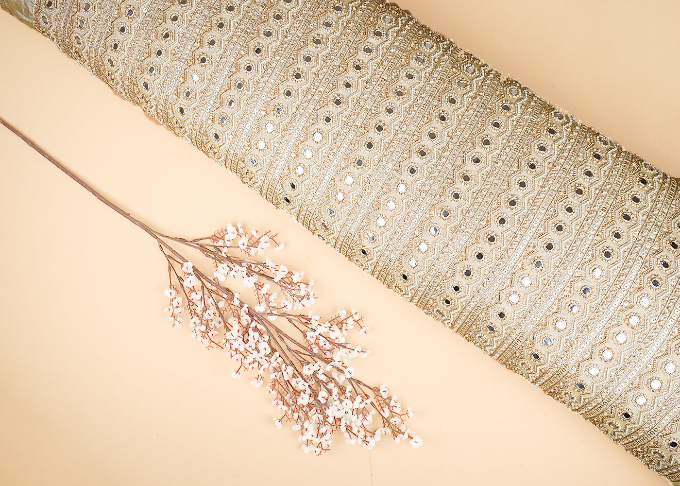 Golden Tissue Fabric With All Over Faux Mirror, Sequins, Bead And Zari Work 20751