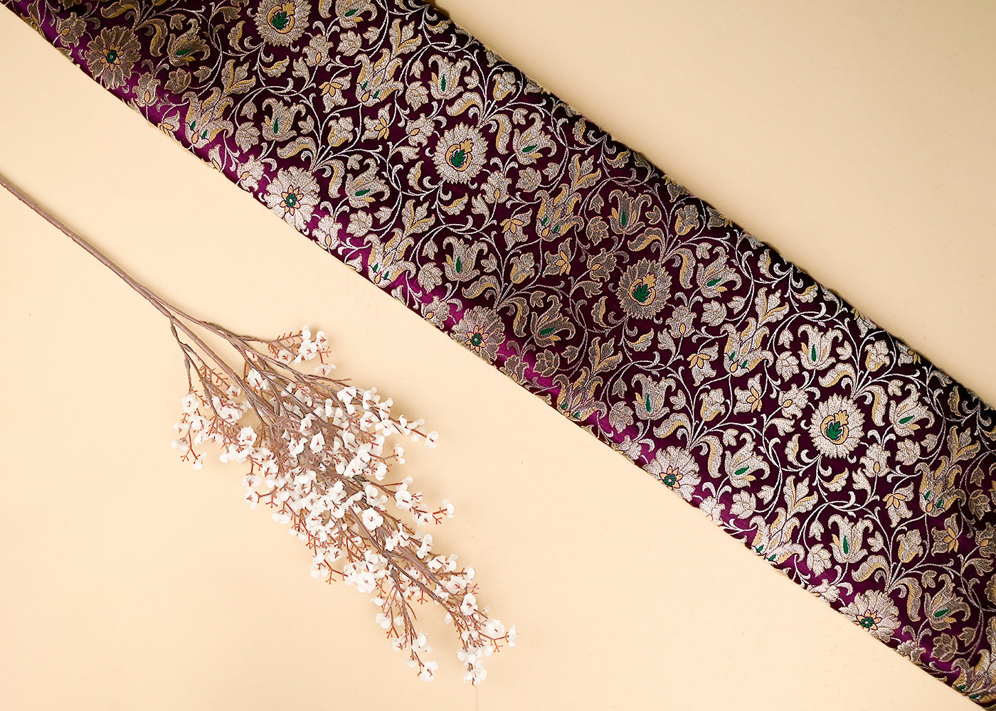 Purple Banarasi Brocade Fabric With All Over Thread And Golden Zari Handloom 20763
