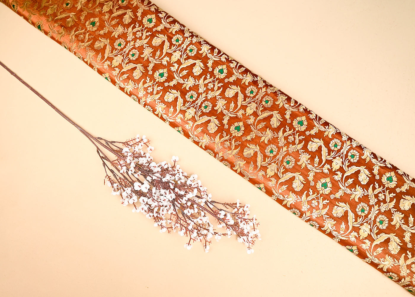 Rust Brown Banarasi Brocade Fabric With All Over Thread And Zari Handloom 20769