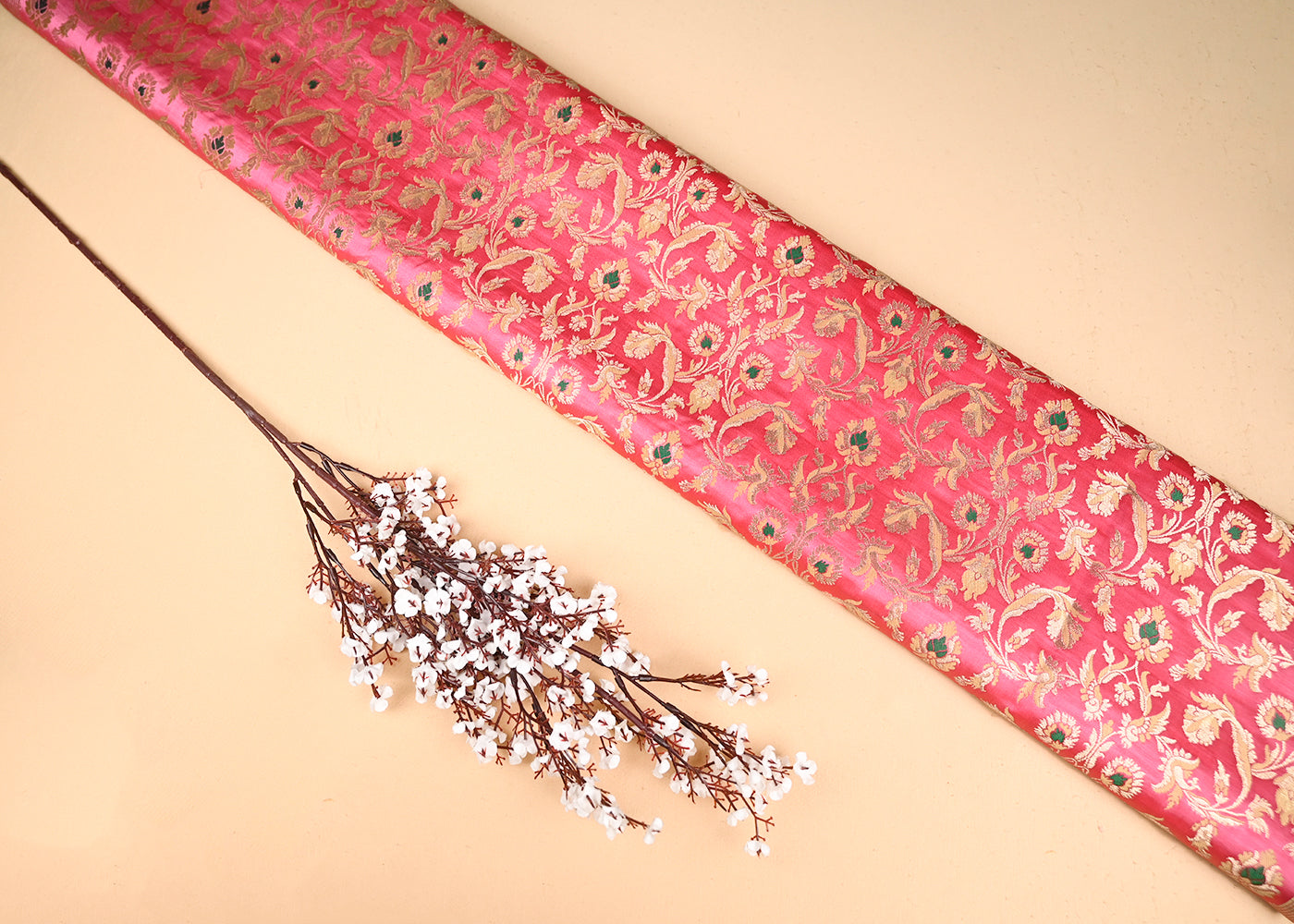 Baby Pink Banarasi Brocade Fabric With All Over Thread And Zari Handloom 20770