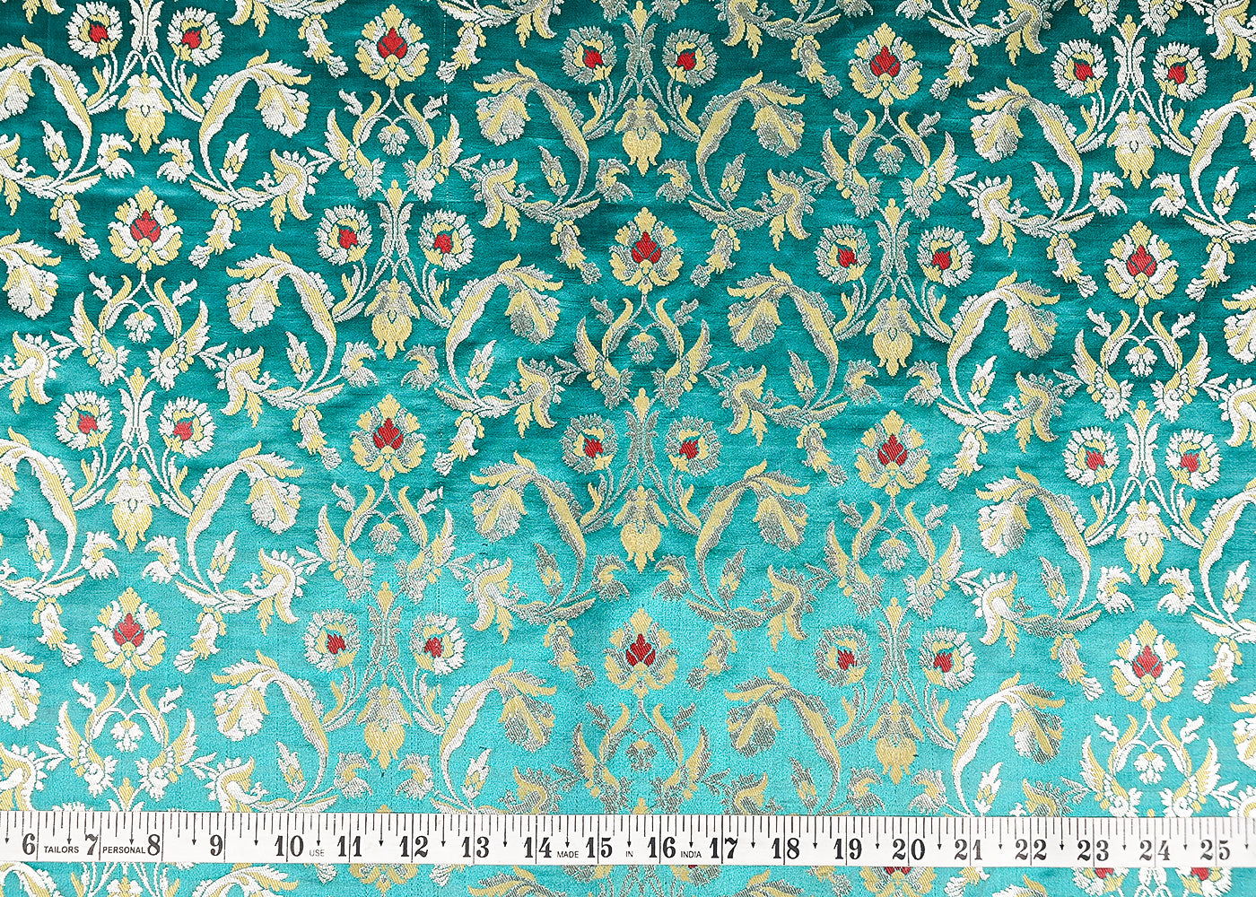 Teal Blue Banarasi Brocade Fabric With All Over Thread And Zari Handloom 20773