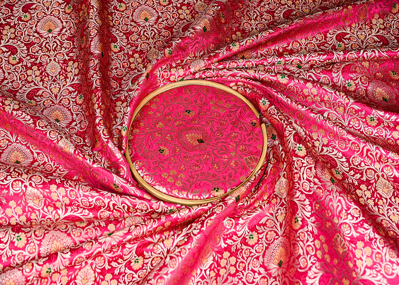 Rani Pink Banarasi Brocade Fabric With All Over Thread And Zari Handloom 20775