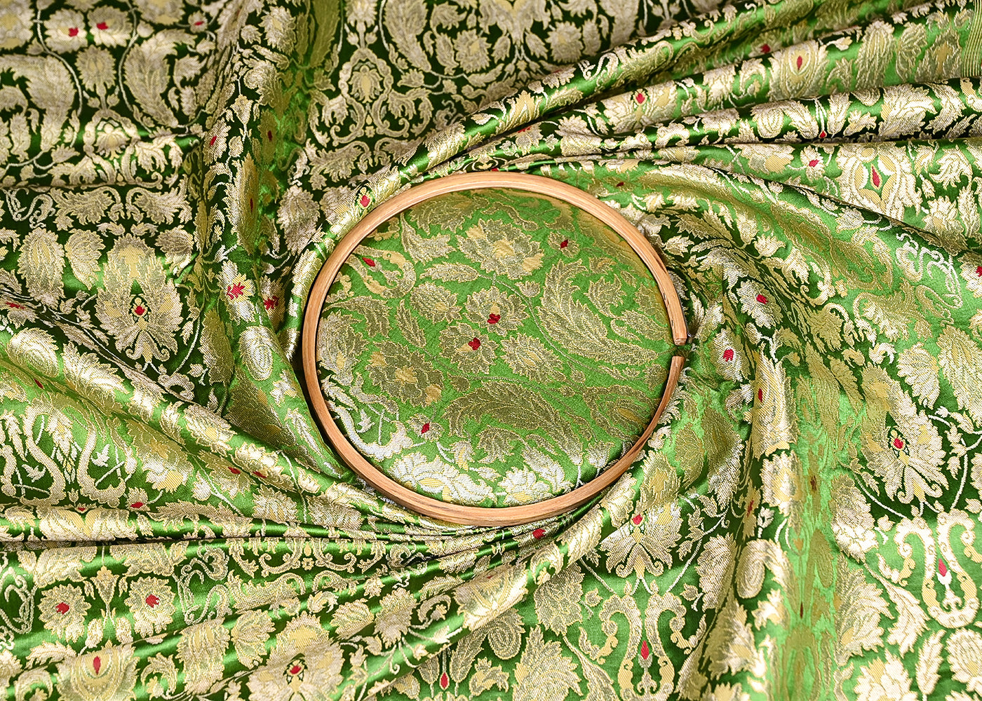 Mehendi Green Pure Banarasi Brocade Fabric With All Over Thread And Zari Handloom 20777