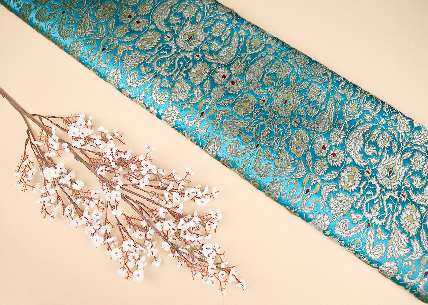 Sky Blue Pure Banarasi Brocade Fabric With All Over Thread And Zari Handloom 20779