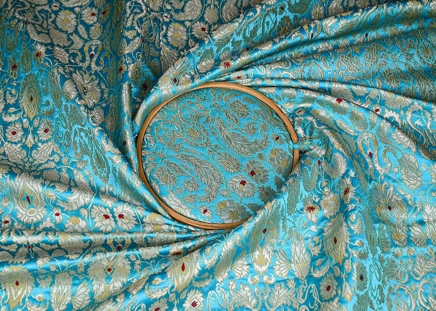 Sky Blue Pure Banarasi Brocade Fabric With All Over Thread And Zari Handloom 20779