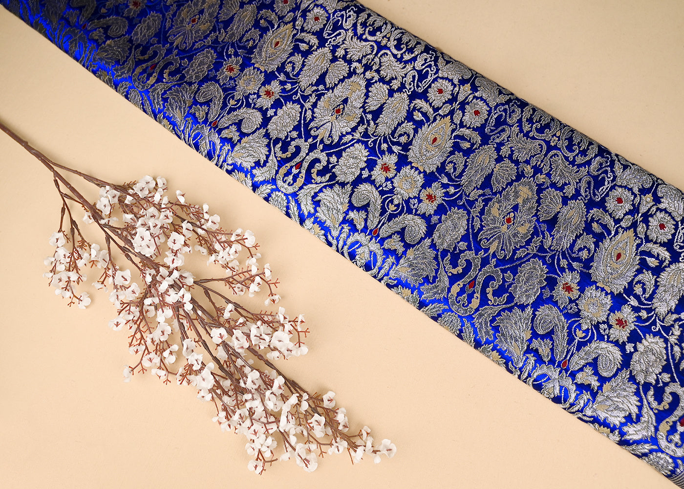 Navy Blue Pure Banarasi Brocade Fabric With All Over Thread And Zari Handloom 20780