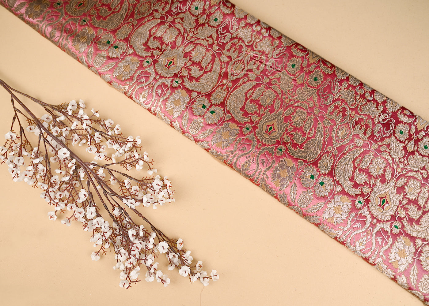Light Pink Pure Banarasi Brocade Fabric With All Over Thread And Zari Handloom 20781