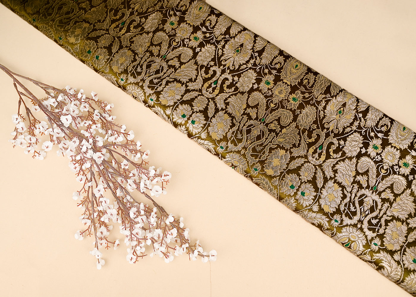 Mehendi Green Pure Banarasi Brocade Fabric With All Over Thread And Zari Handloom 20782