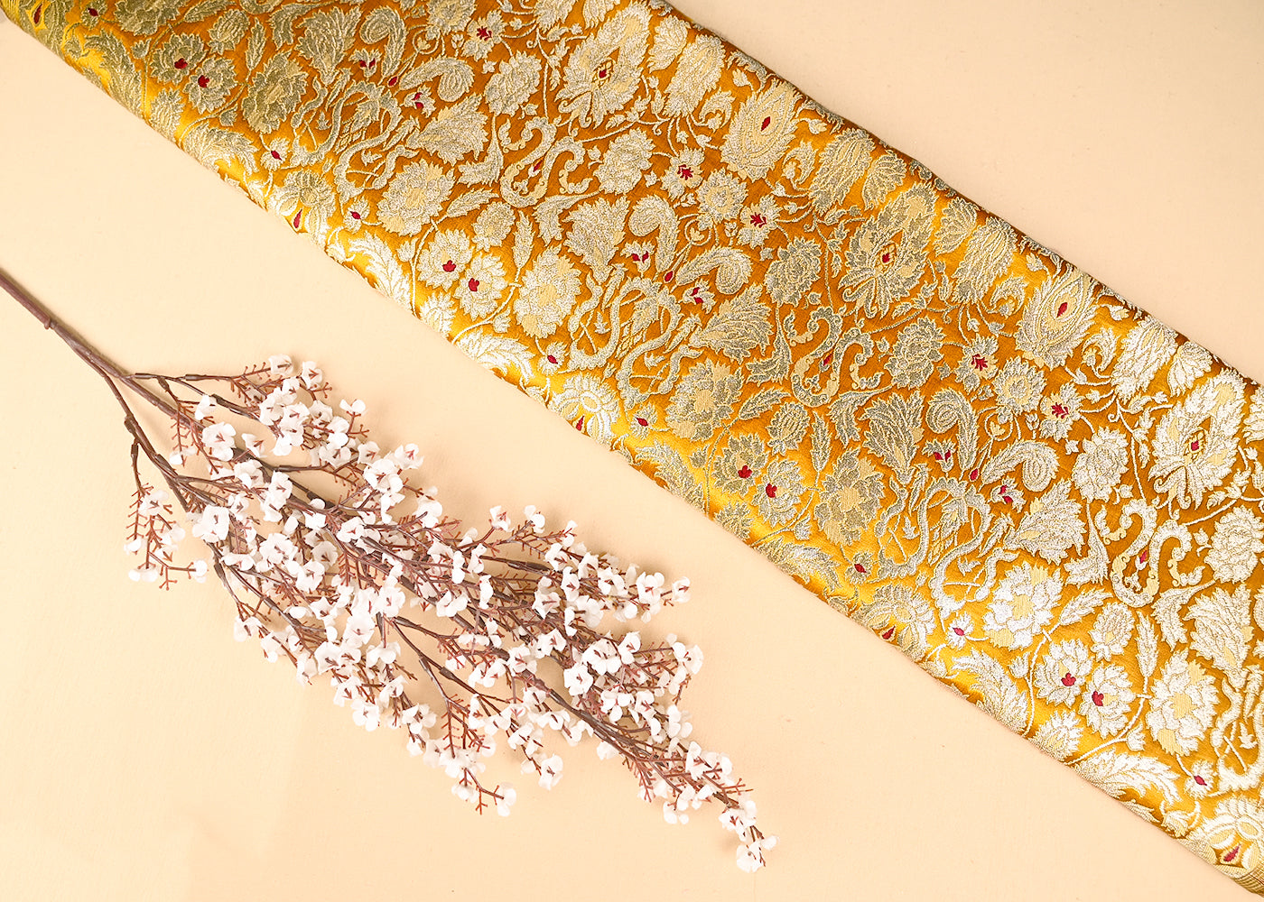 Mustard Pure Banarasi Brocade Fabric With All Over Thread And Zari Handloom 20783