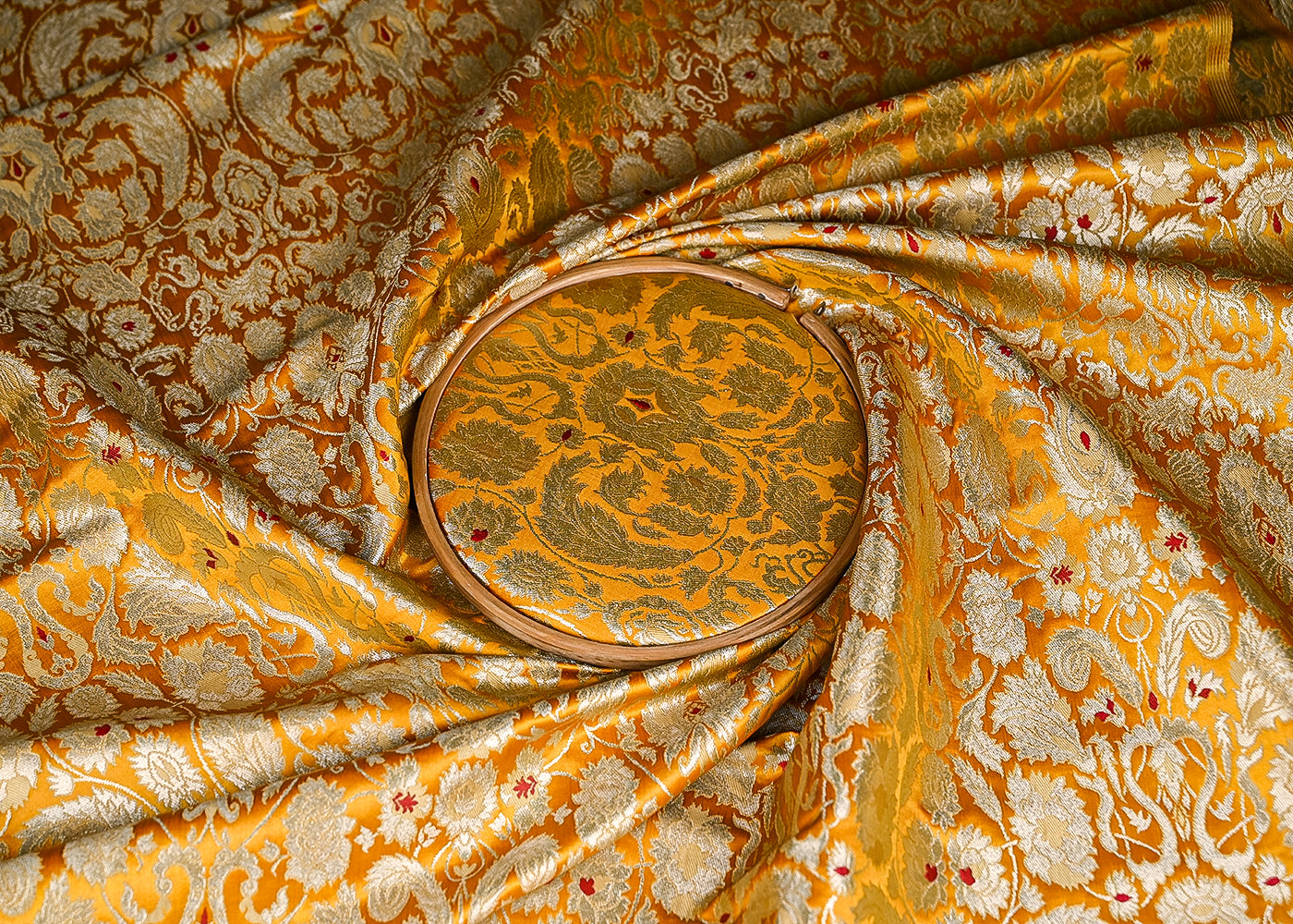 Mustard Pure Banarasi Brocade Fabric With All Over Thread And Zari Handloom 20783