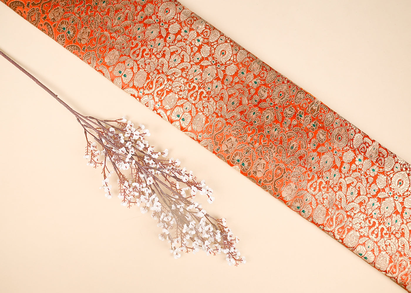 Orange Pure Banarasi Brocade Fabric With All Over Thread And Zari Handloom 20785