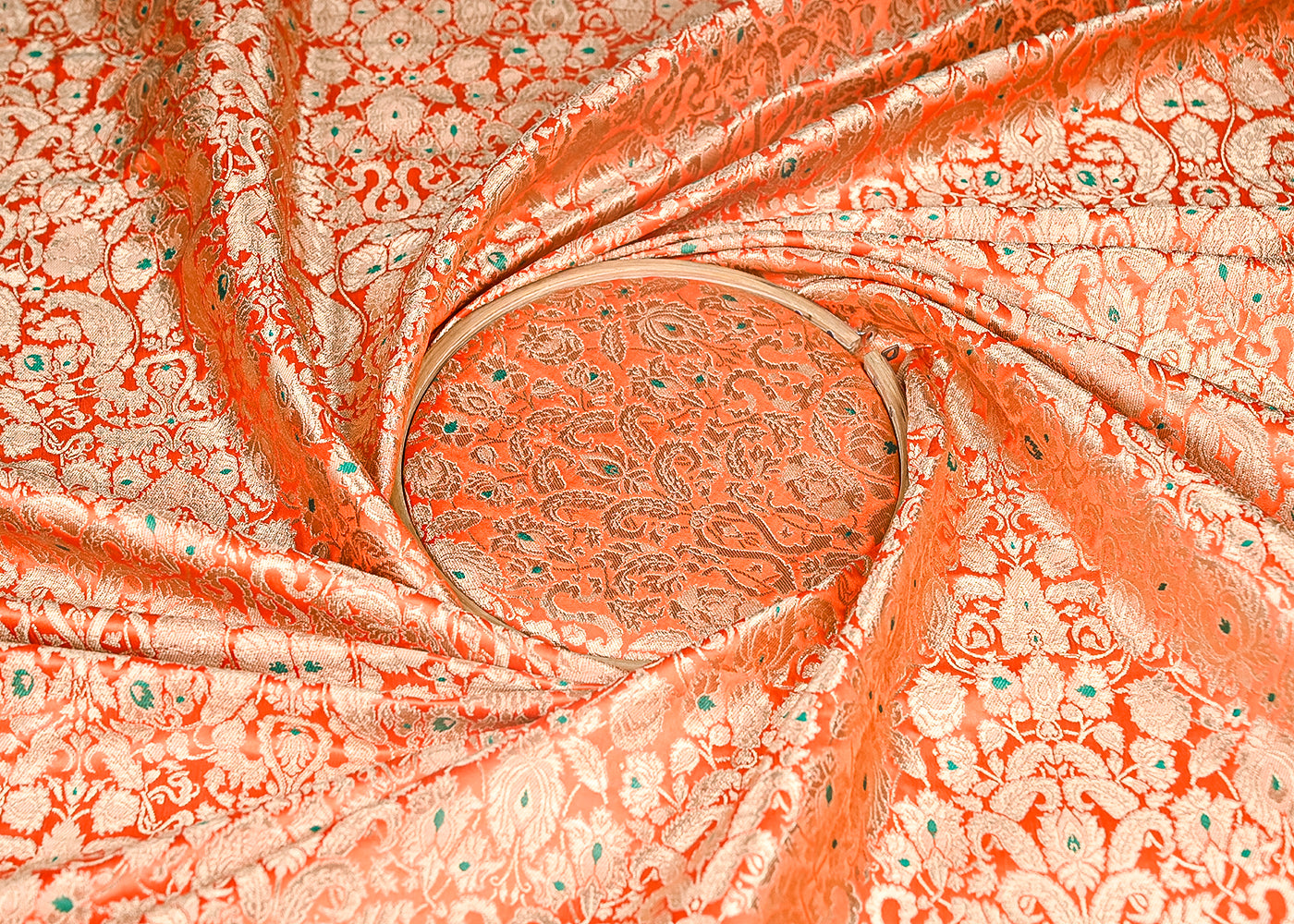 Orange Pure Banarasi Brocade Fabric With All Over Thread And Zari Handloom 20785