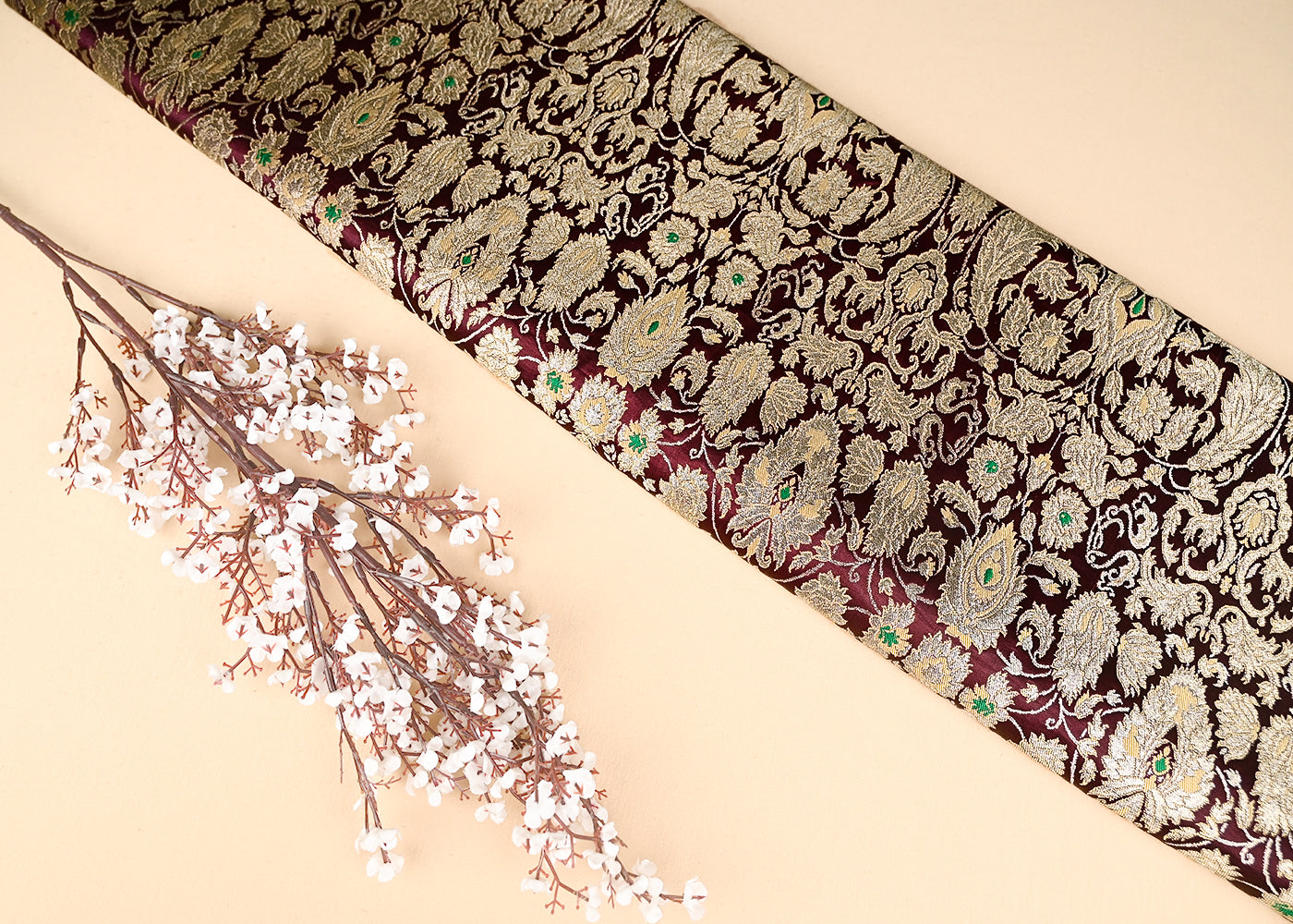 Wine Pure Banarasi Brocade Fabric With All Over Thread And Zari Handloom 20786