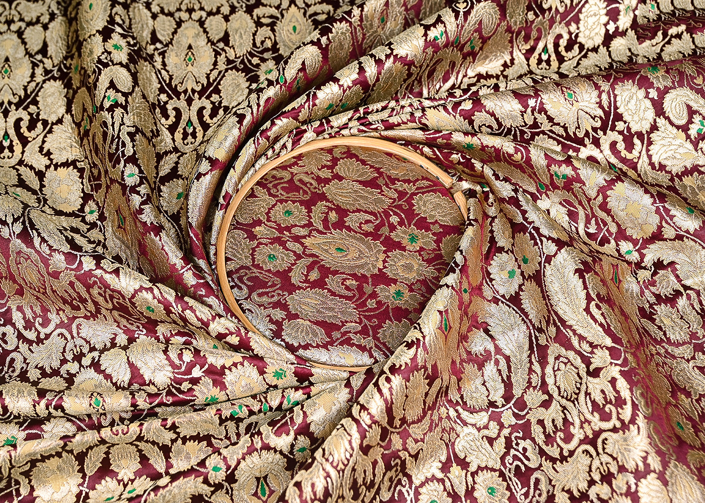 Wine Pure Banarasi Brocade Fabric With All Over Thread And Zari Handloom 20786