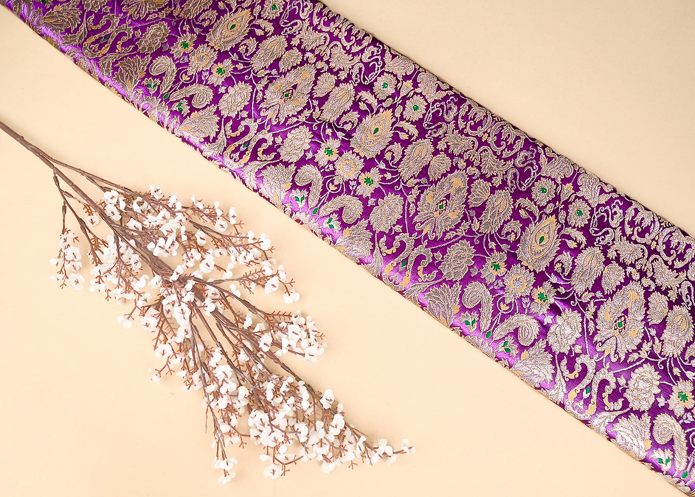 Lavender Pure Banarasi Brocade Fabric With All Over Thread And Zari Handloom 20788