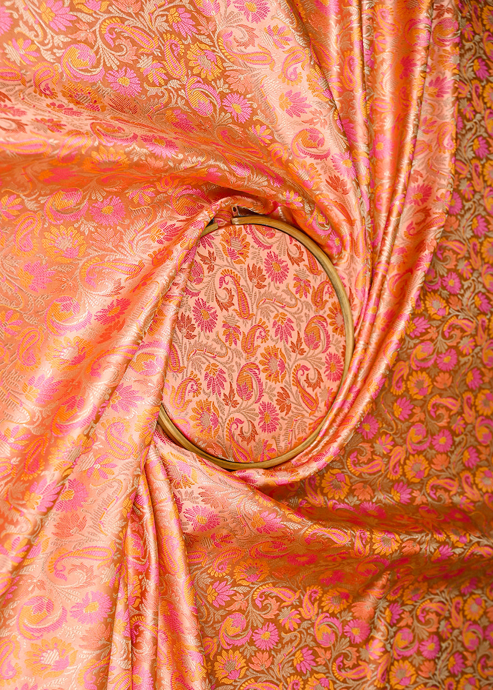 Peach-Banarasi-Brocade-Fabric-With-All-Over-Thread-And-Zari-Handloom-20789-close-view