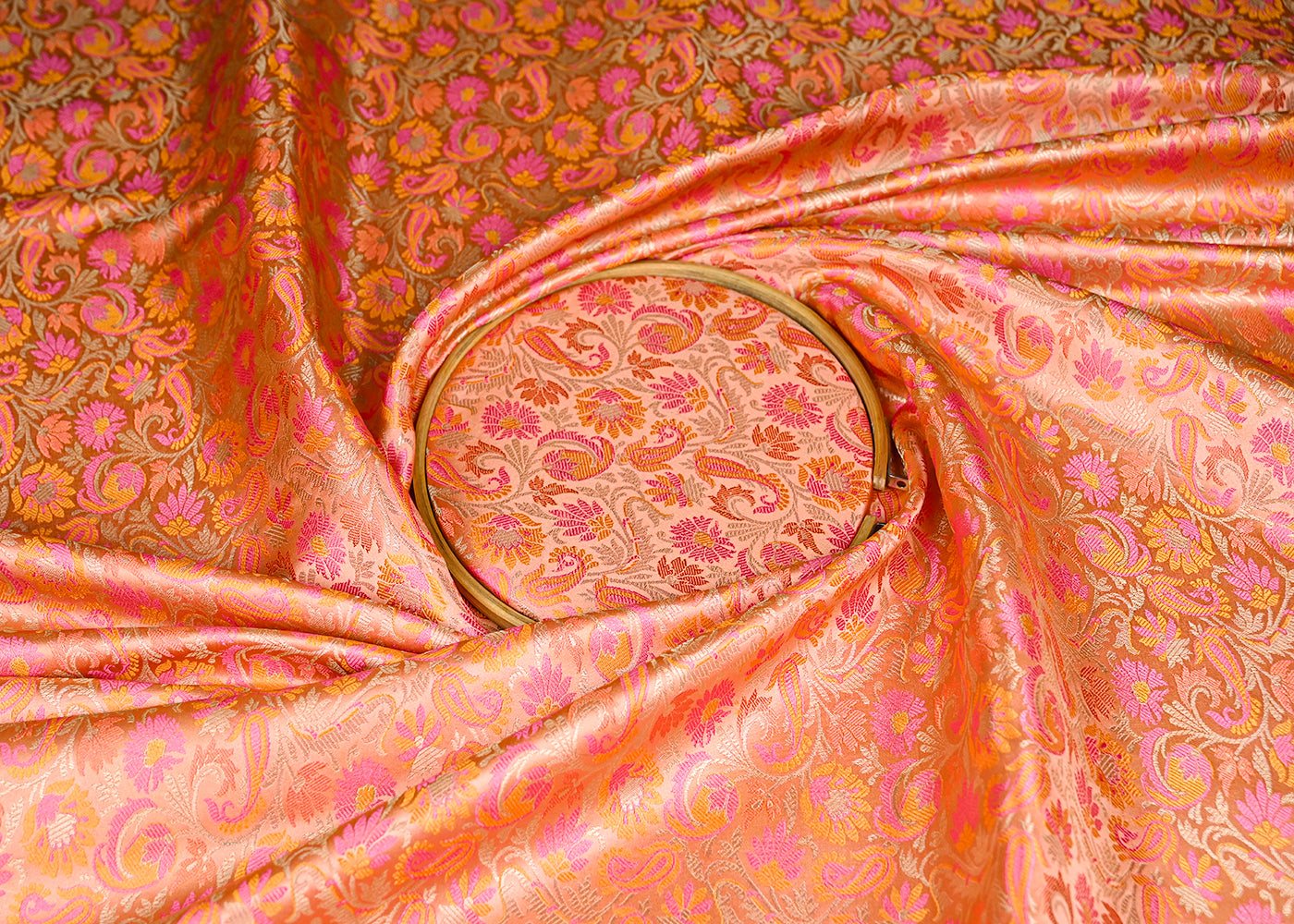 Peach Banarasi Brocade Fabric With All Over Thread And Zari Handloom 20789