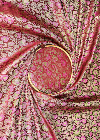 Wine Banarasi Brocade Fabric With All Over Thread And Zari Handloom 20792