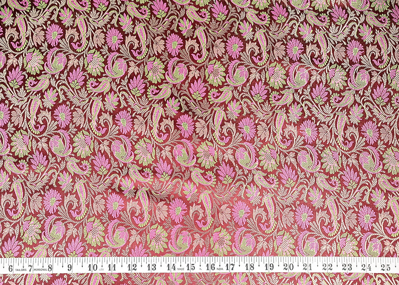 Wine Banarasi Brocade Fabric With All Over Thread And Zari Handloom 20792