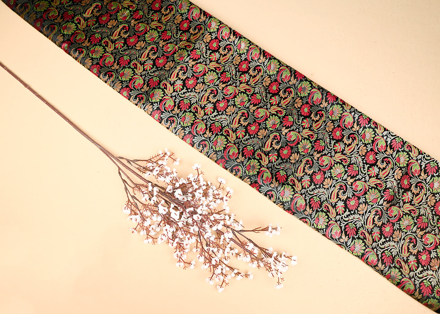 Black Banarasi Brocade Fabric With All Over Thread And Zari Handloom 20793