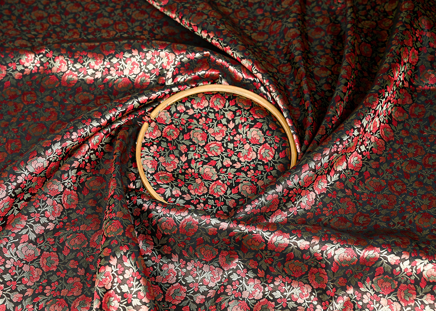 Black Banarasi Brocade Fabric With All Over Thread And Zari Handloom 20795