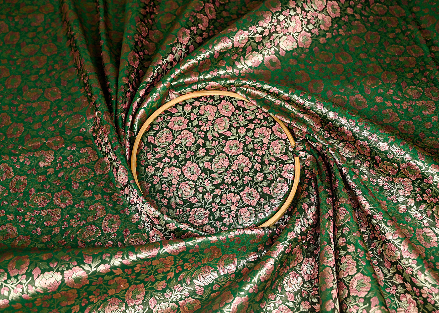 Green Banarasi Brocade Fabric With All Over Thread And Zari Handloom 20796