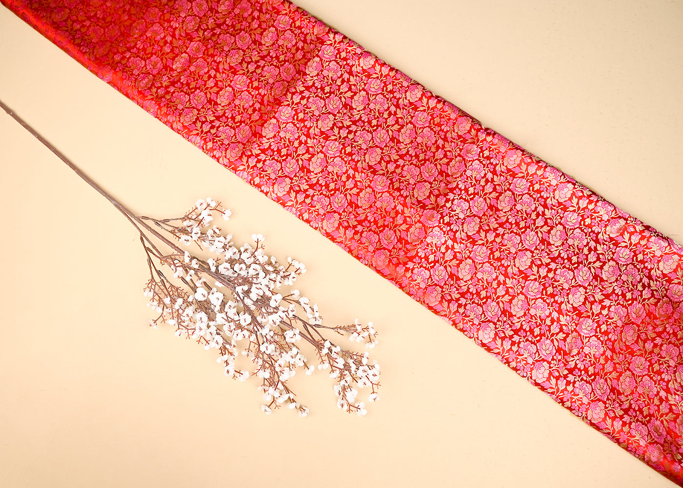 Red Banarasi Brocade Fabric With All Over Thread And Zari Handloom 20797